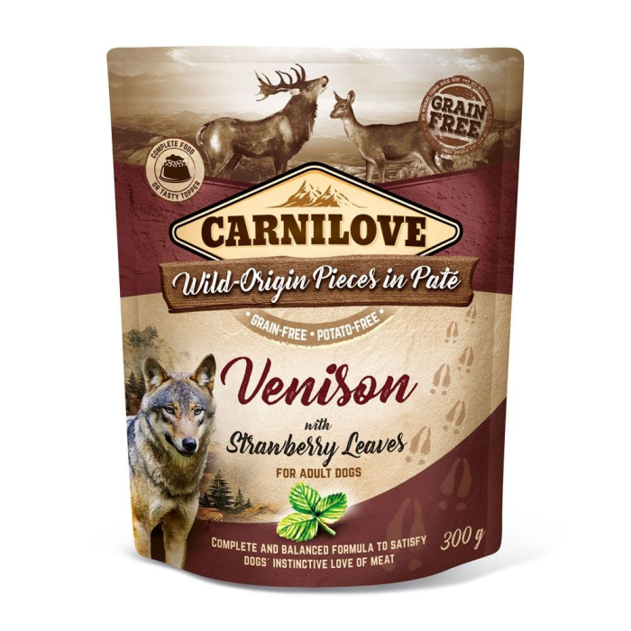 Carnilove Canine Pouch Paté - Hirsch + Erdbeerblätter - 12 x 300 g | Hunde-Nassfutter