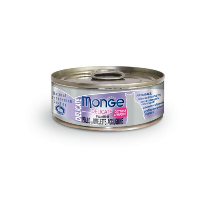 DE Monge Natural Superpremium Delicate Adult - Huhn, Omeletten + Sardellen, 24 x 80g | Katzen-Nassfutter
