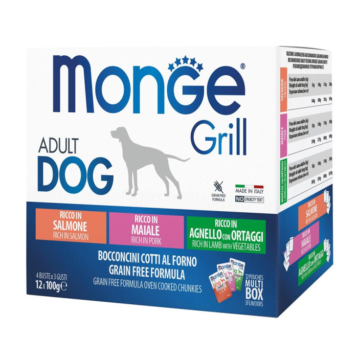 Monge Grill Dog Adult Multipack Lachs, Schwein, Lamm, 12x100g