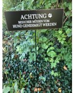 BO Blechschild mit Gartenstab "Achtung" 30 x 10 cm