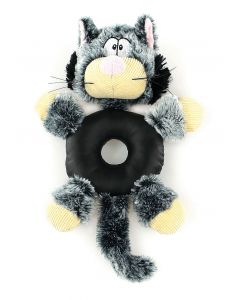 swisspet Plüsch-Katze grau, Leder-Donut | Hundespielzeug
