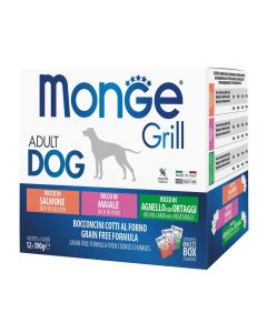 Monge Grill Dog Adult Multipack Lachs, Schwein, Lamm, 12x100g